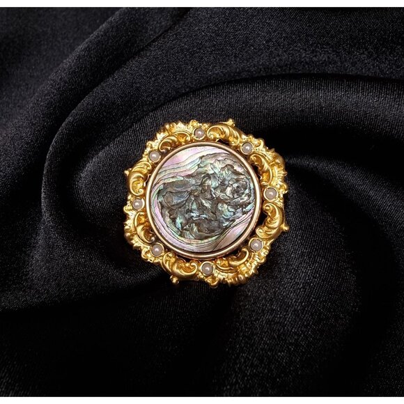 Vintage Abalone Gold-Tone Brooch With Pearl Accents - Picture 1 of 5